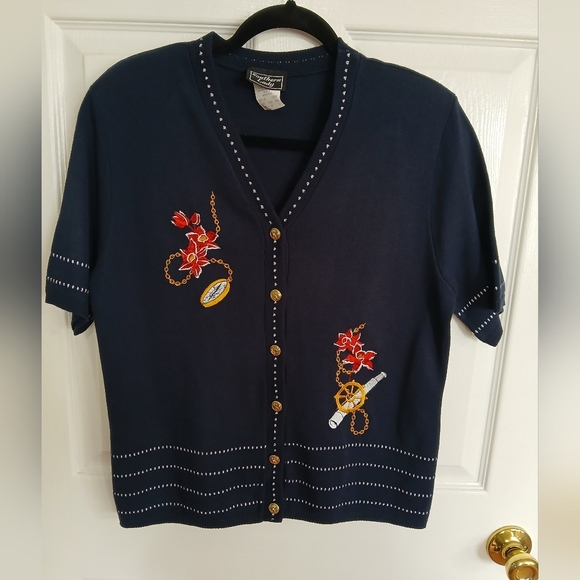 VTG Womens Floral Embroidered Cardigan Sweater Coastal Grandma Nautical Casual - Picture 1 of 7